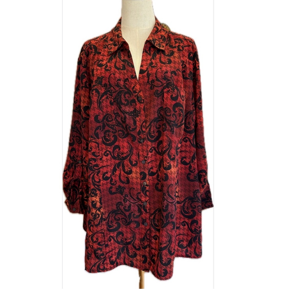 Catherines Maggie Barnes Red Floral Print Button Down Long Sleeves Blouse 3X